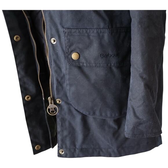 Barbour Thrunton Faux Fur-Trim Waxed Cotton Jacket In Navy Blue Women’s Size 4 - Picture 5 of 13